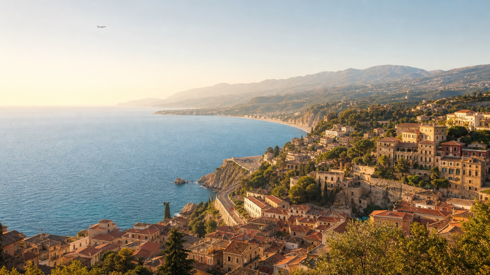 Sunlit Mediterranean coastline and hillside city